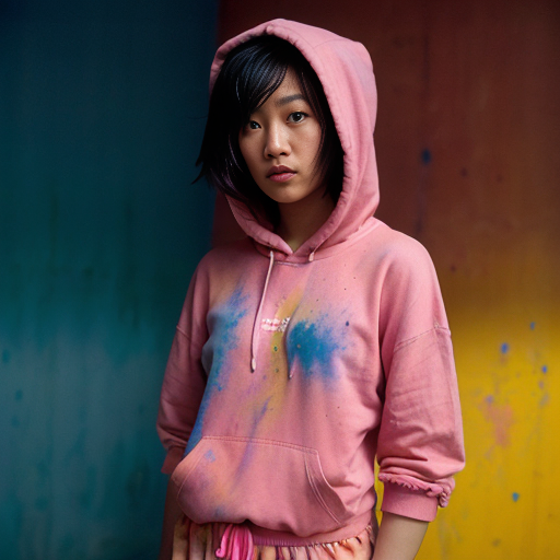 (close-up editorial photo of 20 yo woman, wearing hoodie, looking at viewer, holi color festival, binding shorts) (standin...